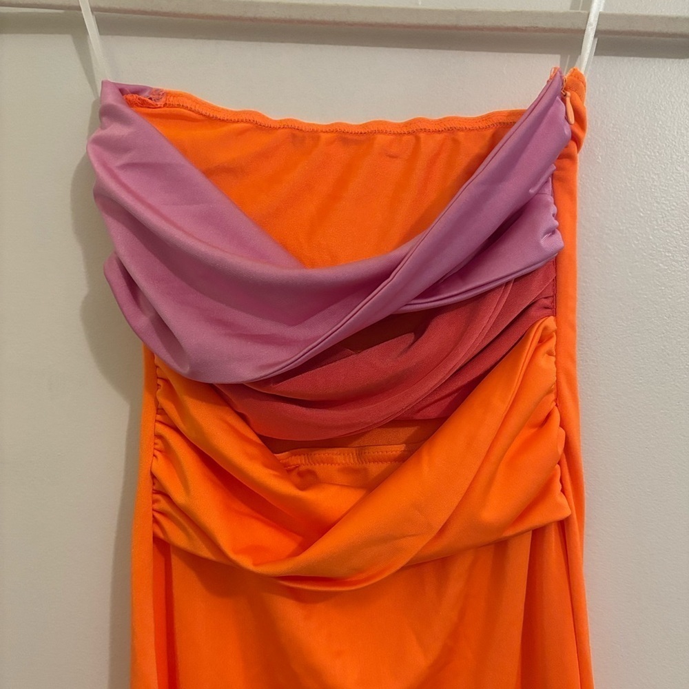 NWT Commense Bright Pink Orange Colorblock Cut Out Tube Top Mermaid Dress resort - Picture 6 of 8
